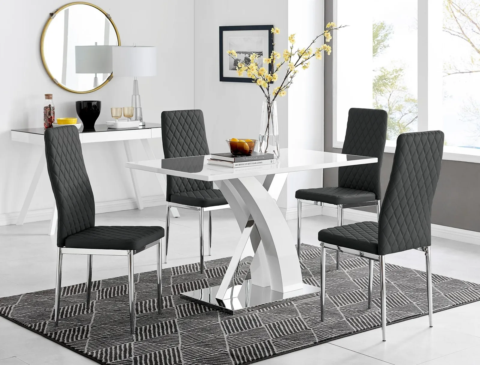 FurnitureboxUK Atlanta White High Gloss & Chrome 4 Seater Dining Table with X Shaped Legs & 4 Faux Leather Milan Chairs in Black