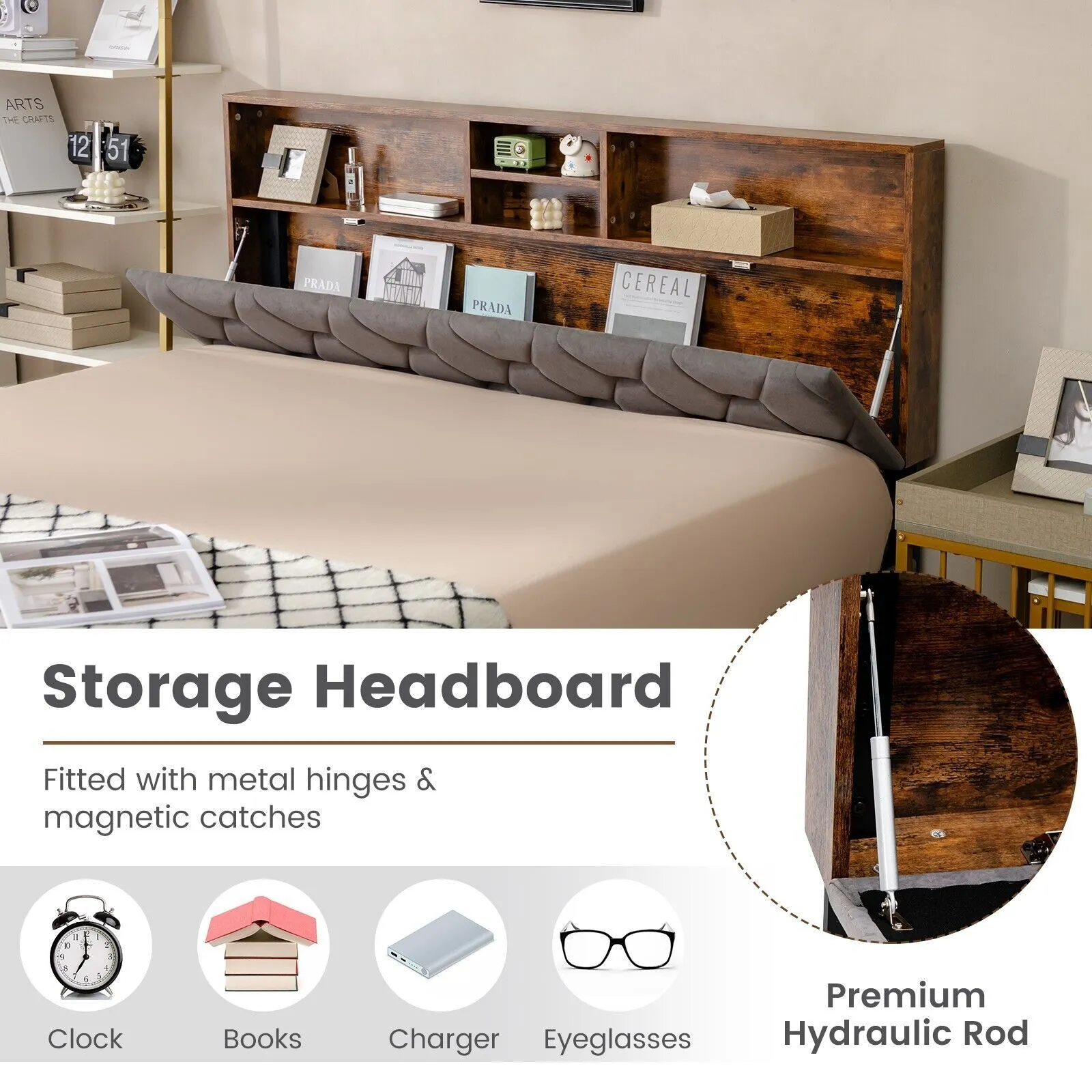Costway Double Size Bed Frame Upholstered Platform Bed W/ Storage Headboard in Grey 5