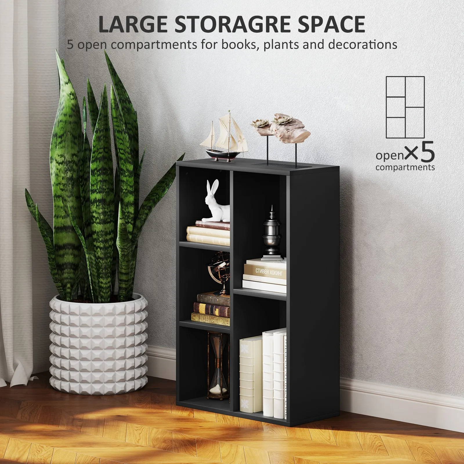 HOMCOM 2-Tier Bookshelf with 5 Open Storage Compartments in Black 4