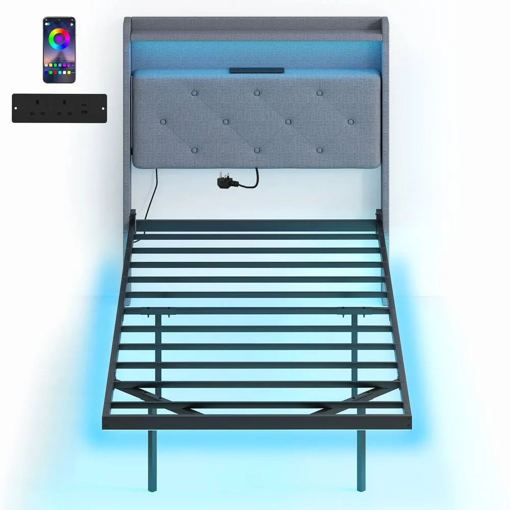 HOMCOM Floating Bed Frame with RGB Lights, Upholstered Bed Frame, Grey 2