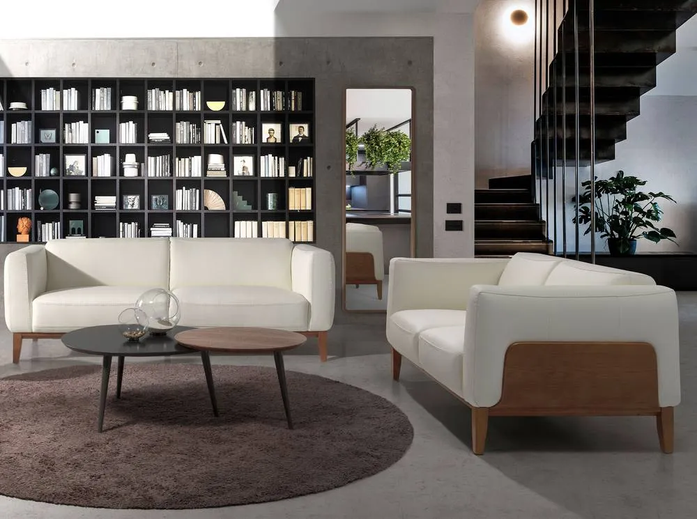Angel Cerda White 2-Seater Cowhide Leather Sofa, Walnut Legs 5