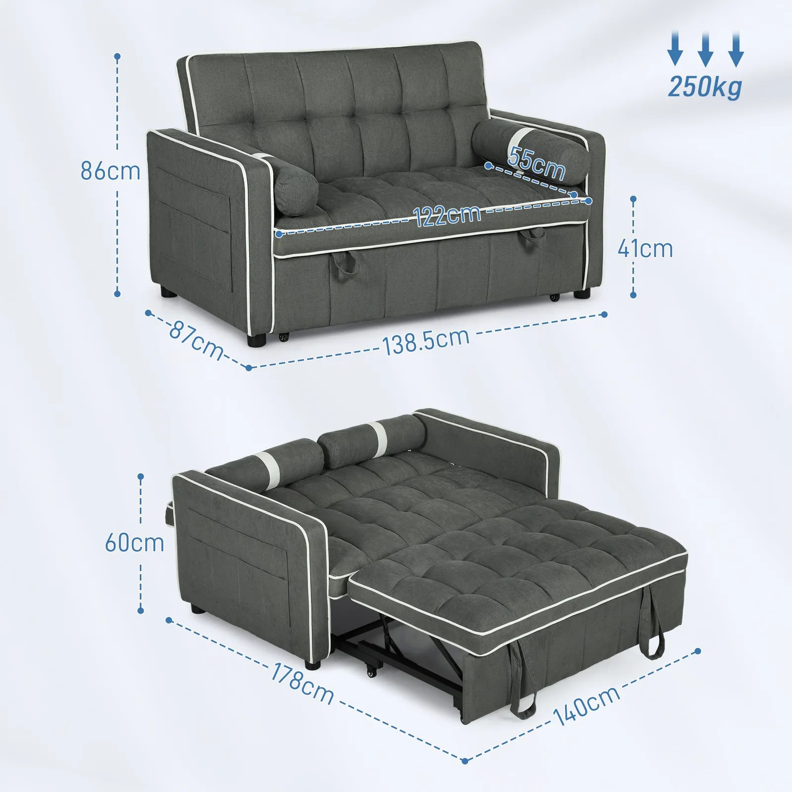HOMCOM 2 Seater Pull Out Sofa Bed with Adjustable Backrest in Dark Grey 3