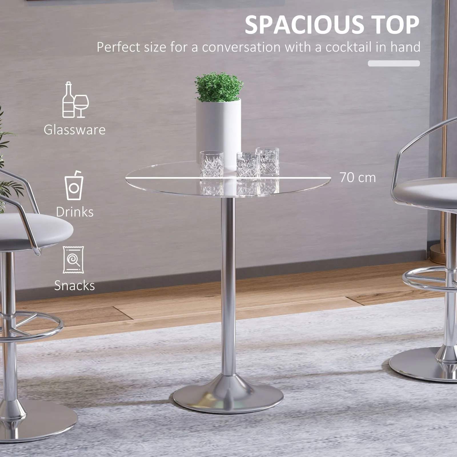 HOMCOM Metal Round Dining Table Bistro Pub Counter with Tempered Glass Top in Silver 5
