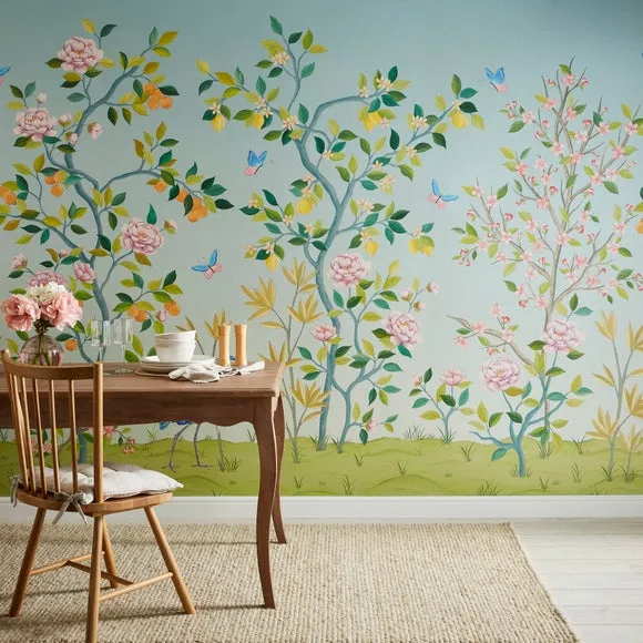 Cranberry and Laine Chinoiserie Floral Wall Mural 1