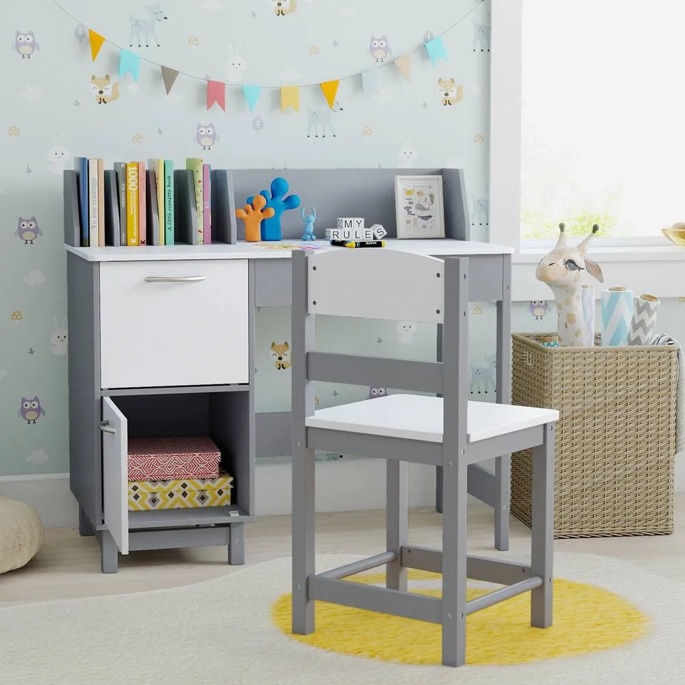 Costway Kid's Study Desk & Chair Set Wooden Activity Table w/ Chair in Grey 2