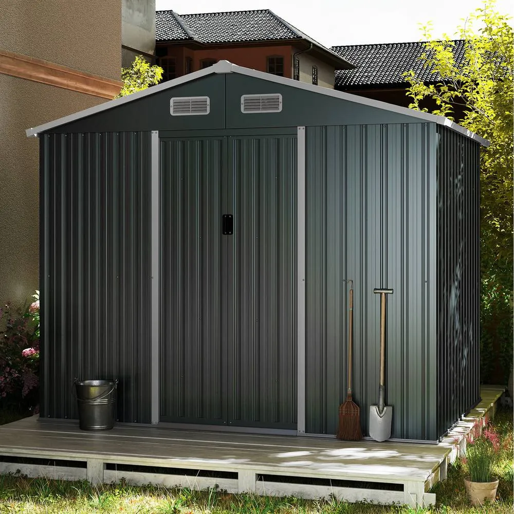 Costway Outdoor Storage Shed Large Utility Tool House w/Sloping Top-Grey in Grey 4