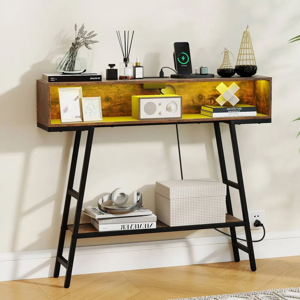 Costway 3-Tier Console Table Entryway Table Narrow Sofa Table w/ LED Light in Brown 5