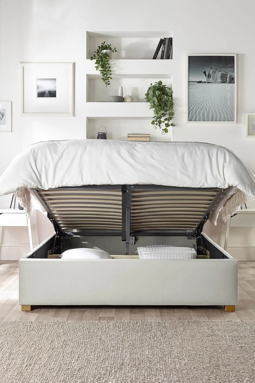 Catherine Lansfield Utopia Ottoman Storage Wing Bed in Plush Velvet Fabric, Custom Made in Light Grey 2