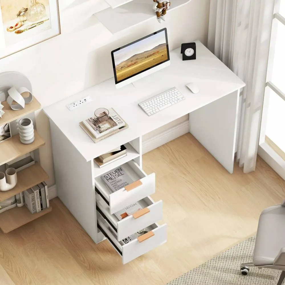Costway Home Office Desk w/ Power Outlet Modern Computer Desk 3 Drawers Writing Table in White 3