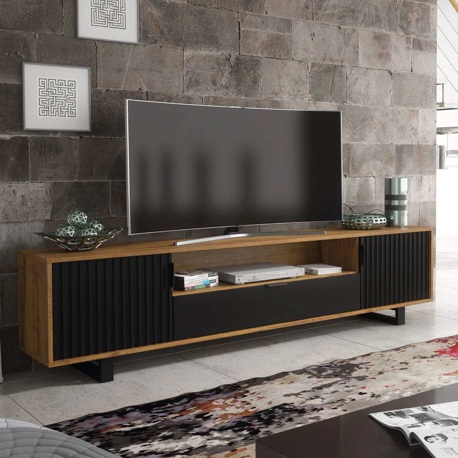 Creative Furniture Blackridge TV Unit 200cm - Dark Oak Body with Matte Black Fluted Fronts in Brown