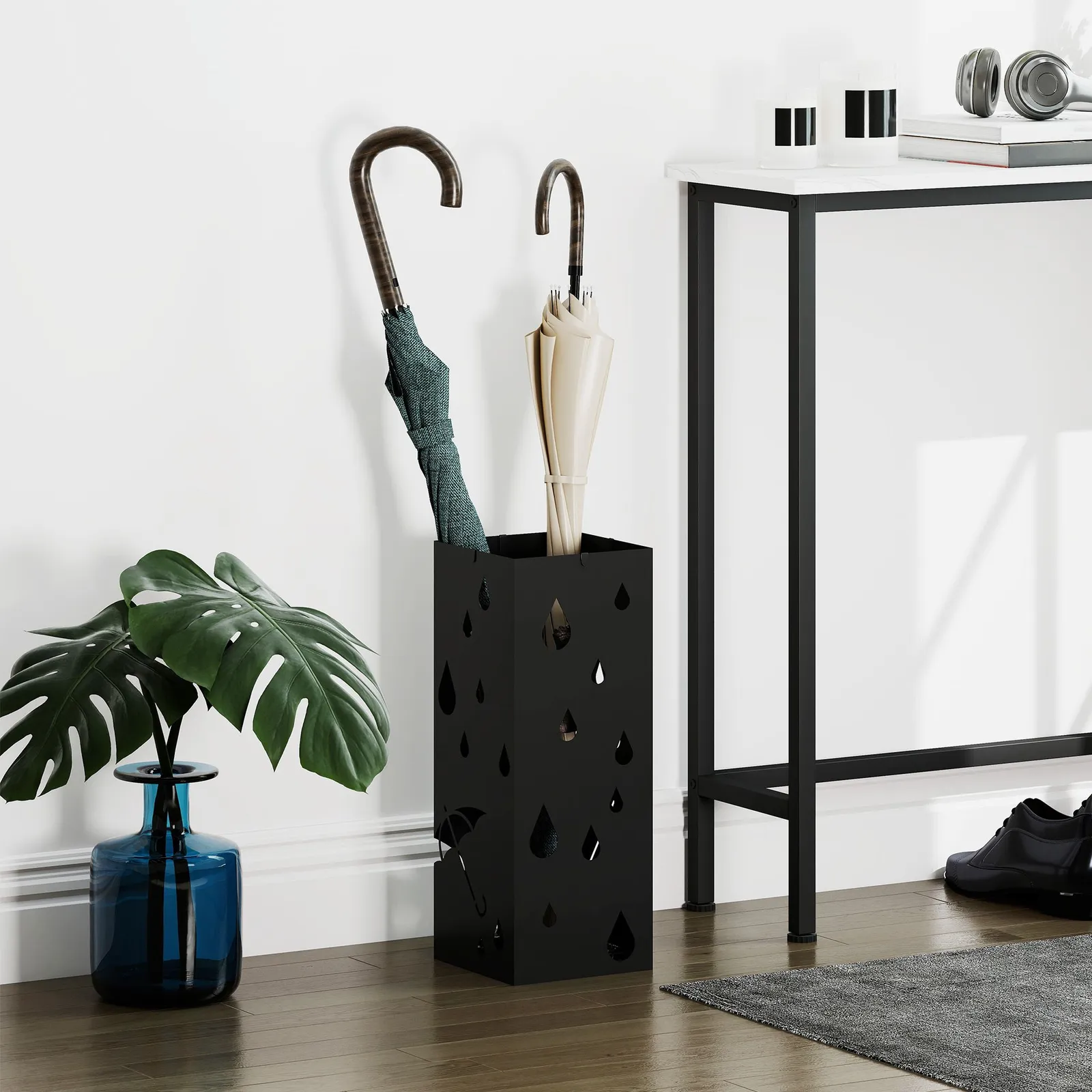 HOMCOM Metal Umbrella Stand, Square Umbrella Basket with 4 Hooks Drip Tray Black