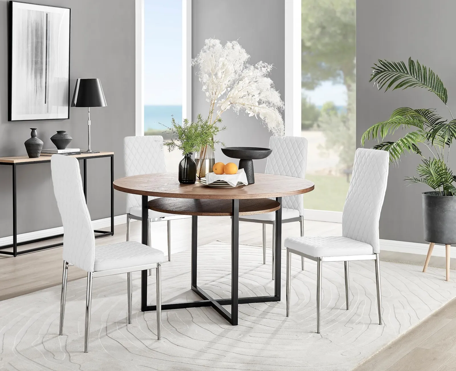 FurnitureboxUK Adley Brown Wood Storage Dining Table & 4 Milan Chrome Leg Chairs in Off-White 1