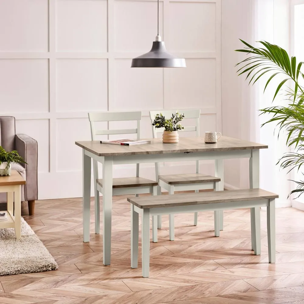 FurnitureboxUK Salcombe Extending Light Grey Table with 2 Chairs & 1 Small Bench