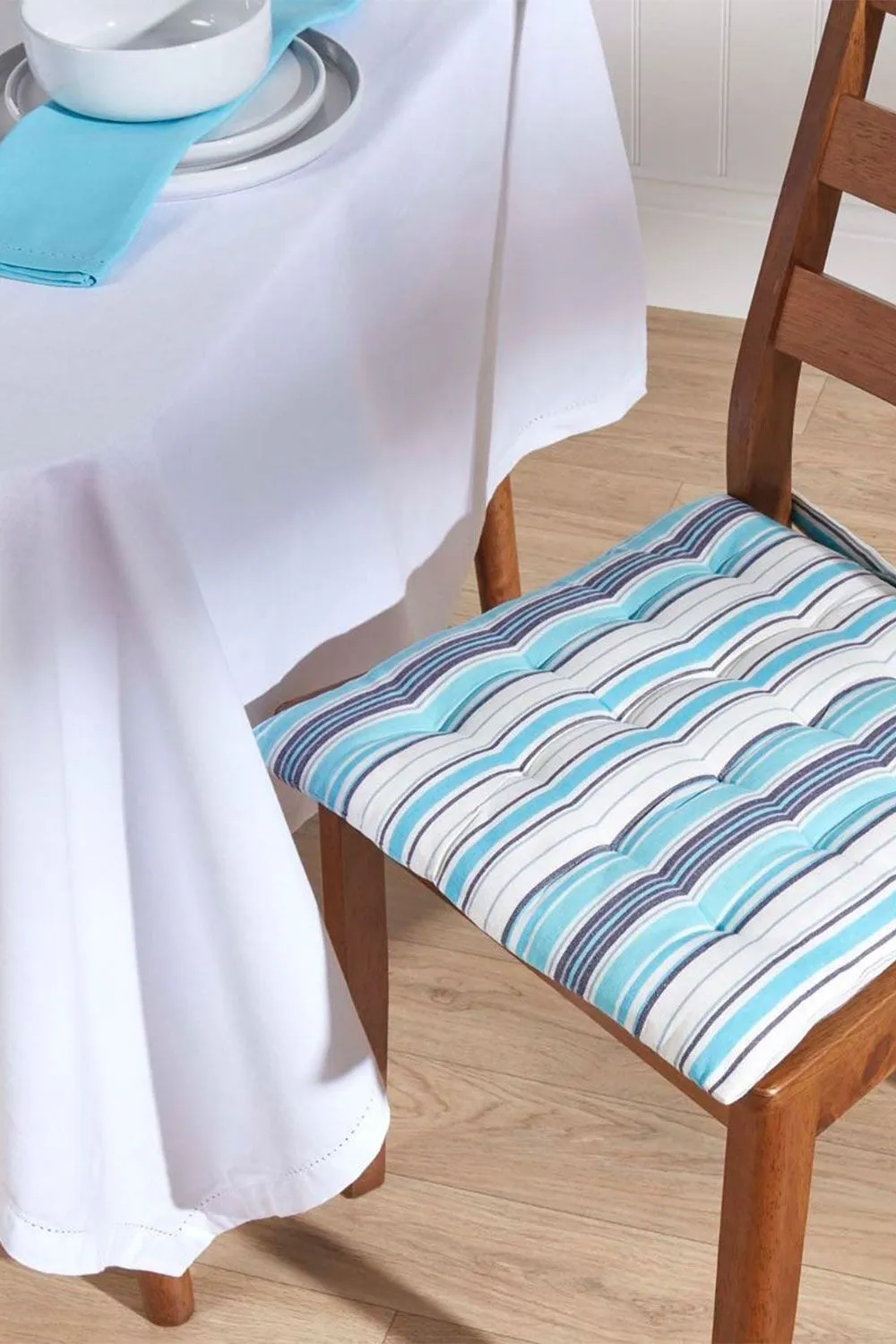 Homescapes 4 Pack Seat Pads Cotton Blue Striped Indoor Outdoor Garden Cushion, 40cm 2