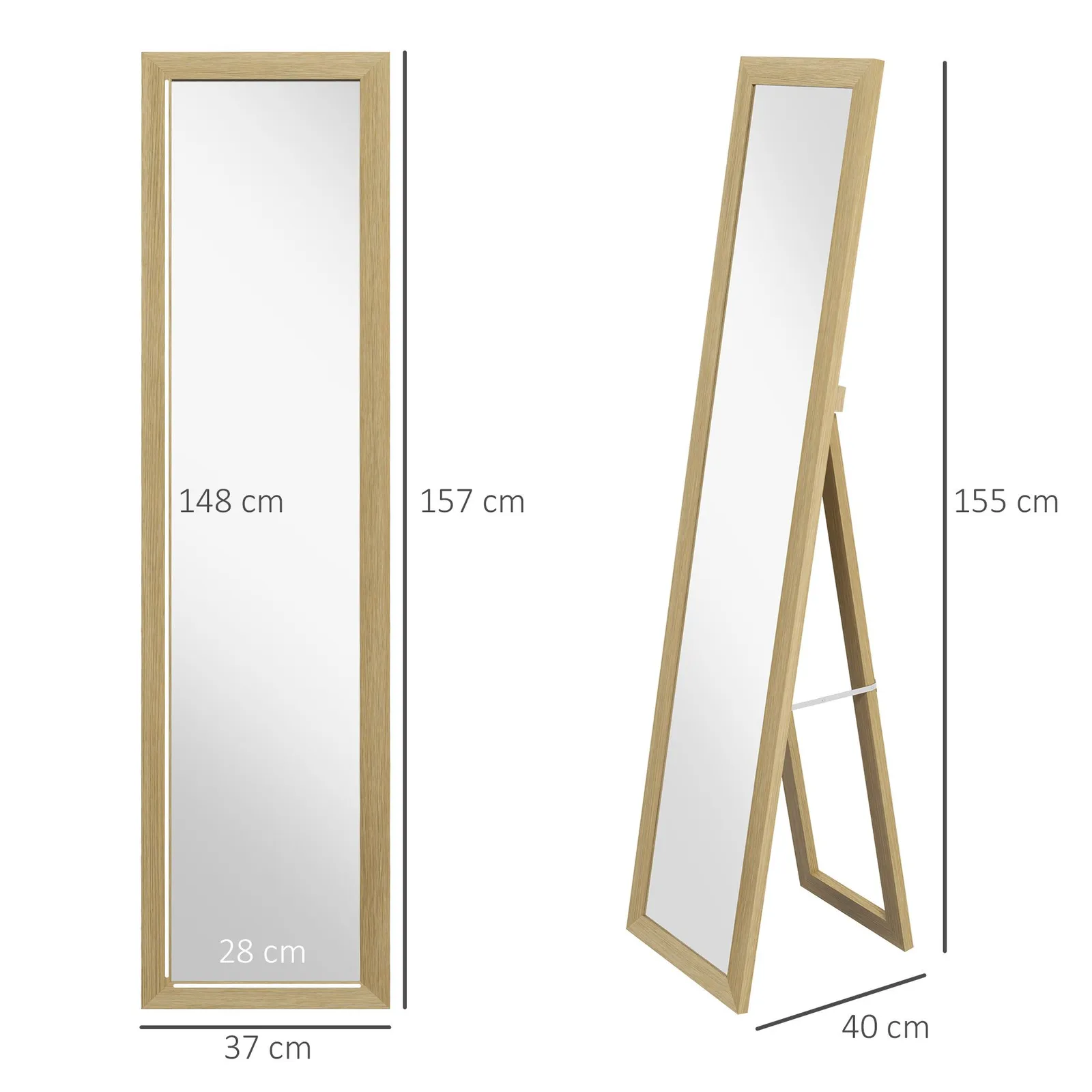 HOMCOM Full Length Mirror, Farmhouse Wall Mirror, Hanging & Freestanding in Natural 3