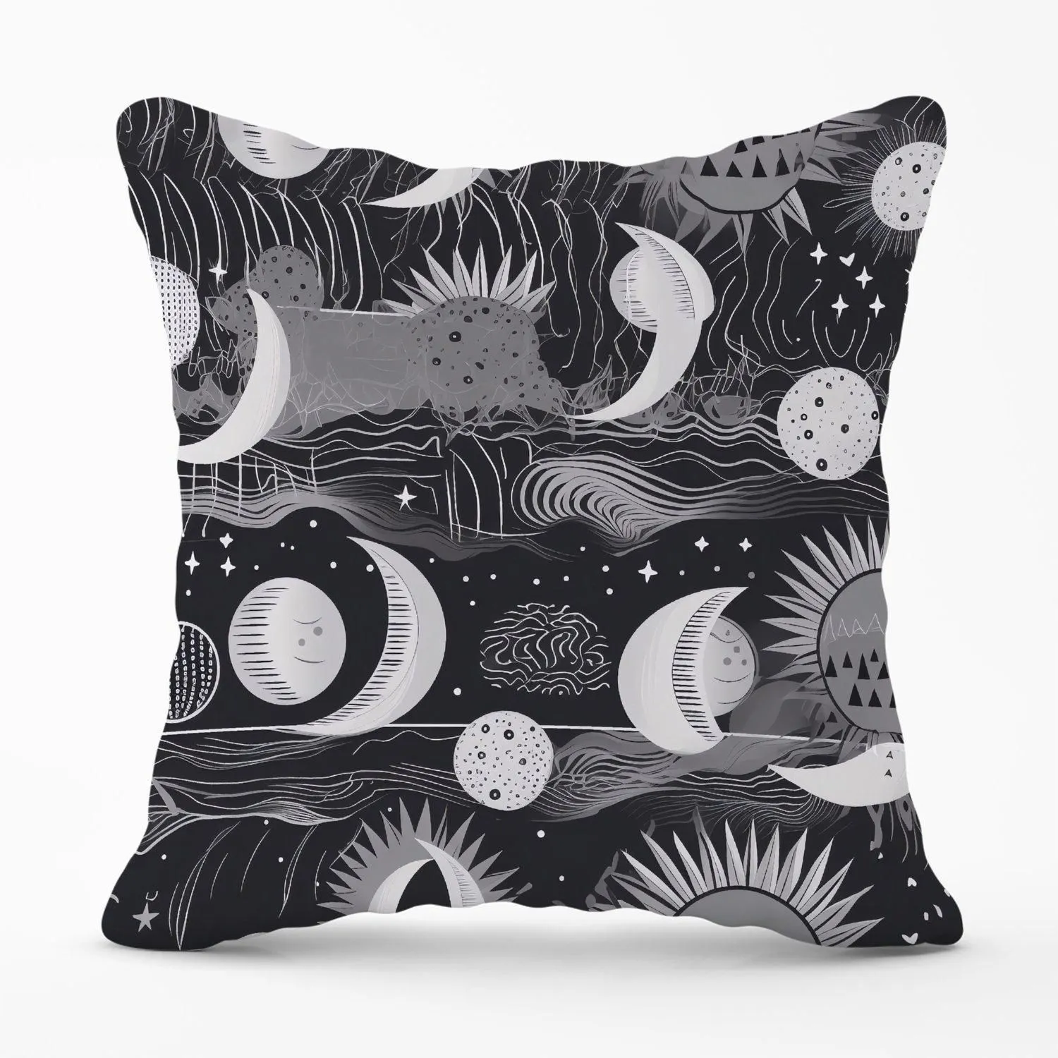 Warren Reed - Designer Abstract Black White Moon & Sun Outdoor Cushion in Grey