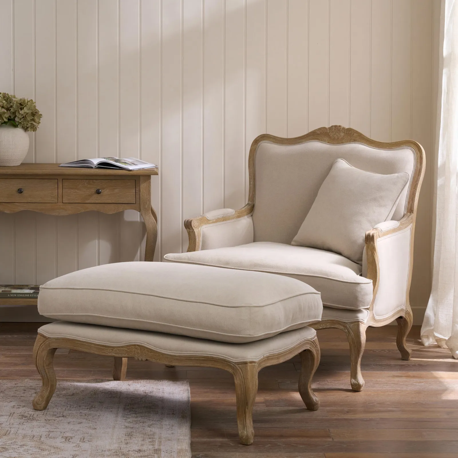 Sienna Beau Linen Footstool, Weathered Oak / Natural - Natural / Weathered Oak