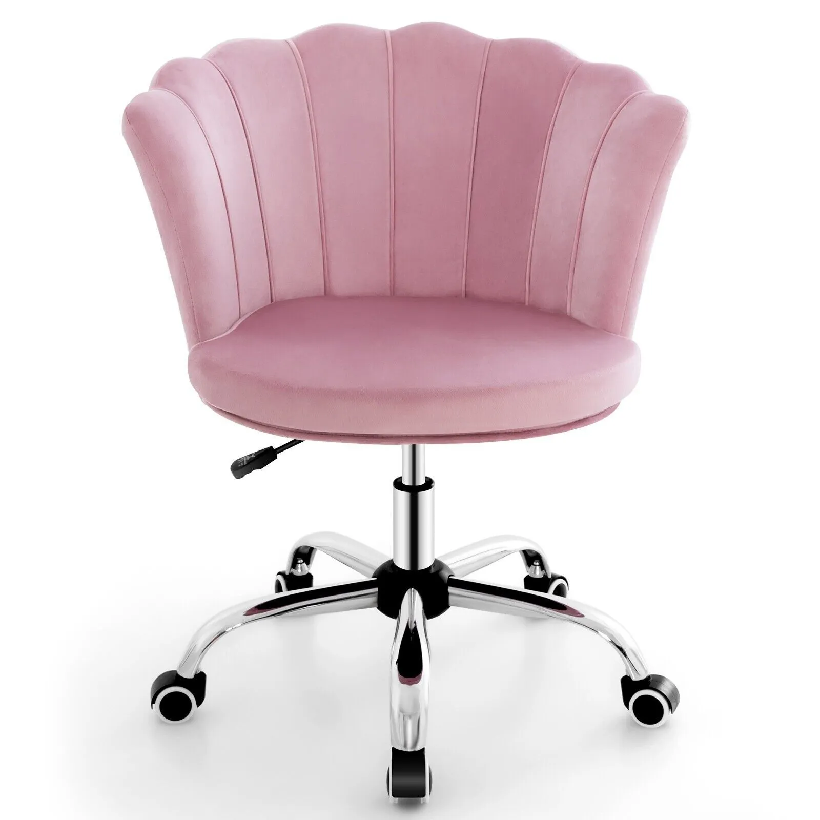 Costway Adjustable Vanity Chair Upholstered Velvet Arm Chair w/Wheels in Pink