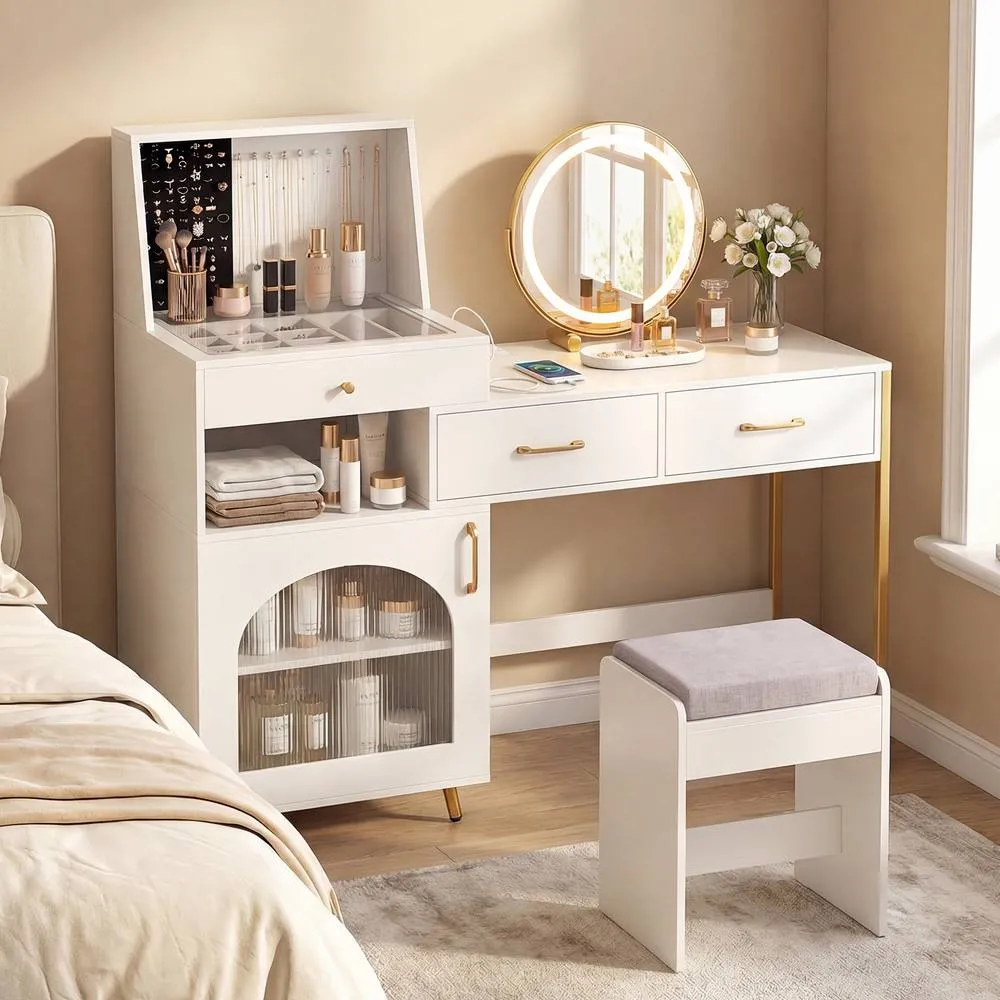 Costway Vanity Desk Set w/ Mirror & Lights Makeup Dressing Table w/ Stool in White 3