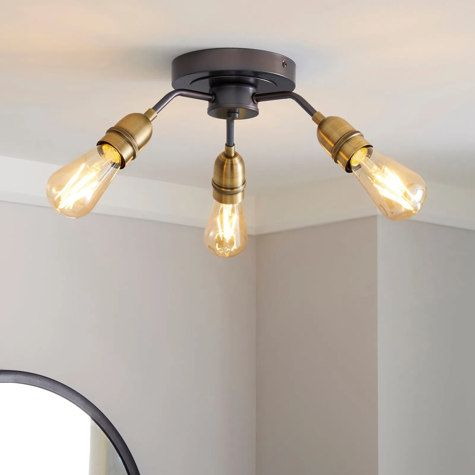 Marsden 3 Light Antique Brass Industrial Semi-Flush Ceiling Fitting Brass Nickel