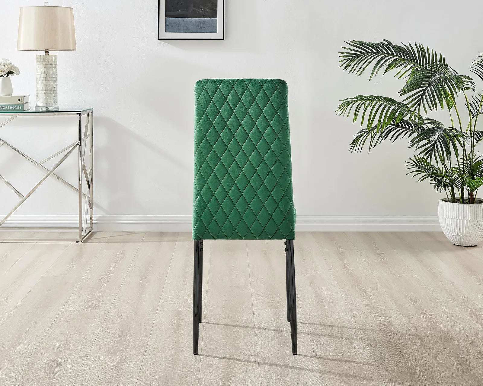 FurnitureboxUK Set of 4 Milan High Back Soft Touch Diamond Pattern Velvet Dining Chairs With Black Powder Coated Metal Legs in Green 6