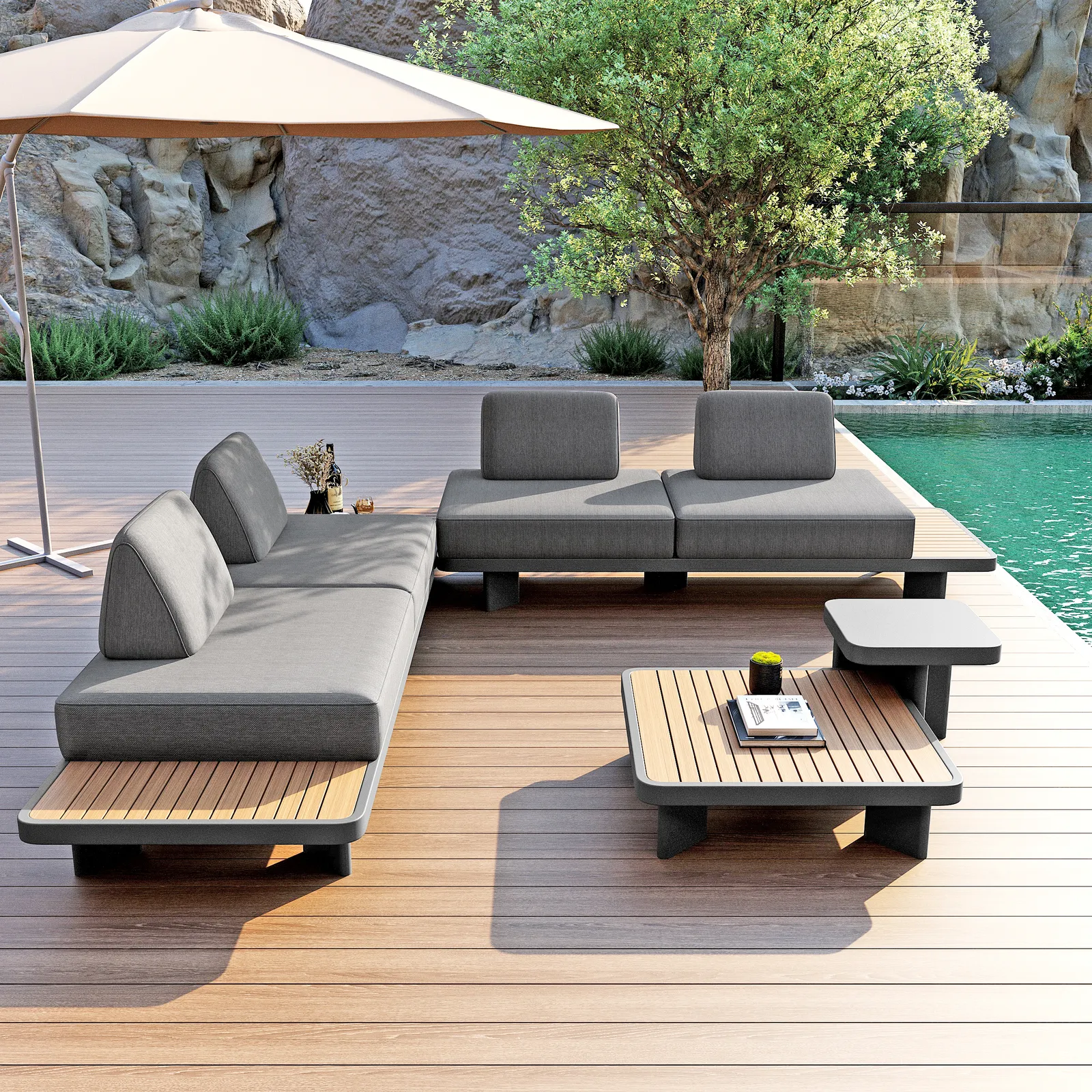 5 PCS L Shaped Outdoor Sectional Sofa Set Mordern Yard & Patio Furniture for 4-6 Person in Gray Cushion & Pillow Included