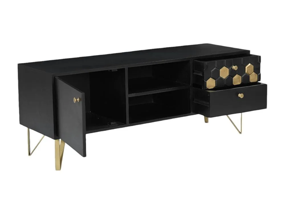 Vente-unique TV Stand With 1 Door, 2 Drawers, & 2 Shelves In Mango Wood & Metal in Black 6