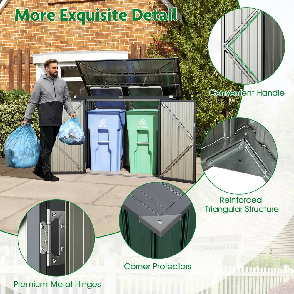 Costway Outdoor Trash Can Storage Shed Lockable Garden Shed w/ 2 Doors in Green 5