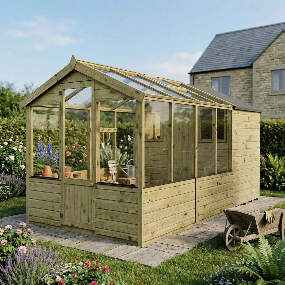 Mercia Traditional Apex Greenhouse/Shed Combo - L367.7 x W204.1 x H205.9 cm in Brown 4