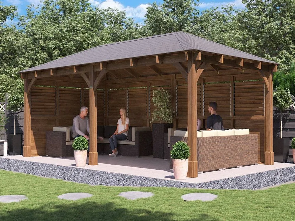 Dunster House Wooden Gazebo Kit with Louvre Wall & Shingles 6m x 3m - Leviathan in Brown