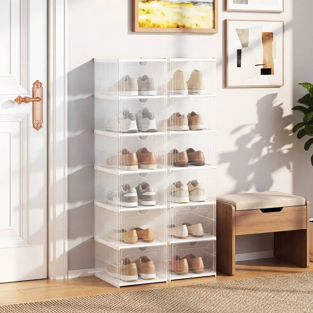 Costway 6-Tier Shoe Organizer Set of 2 Folding Plastic Sneaker Storage Boxes in White 6