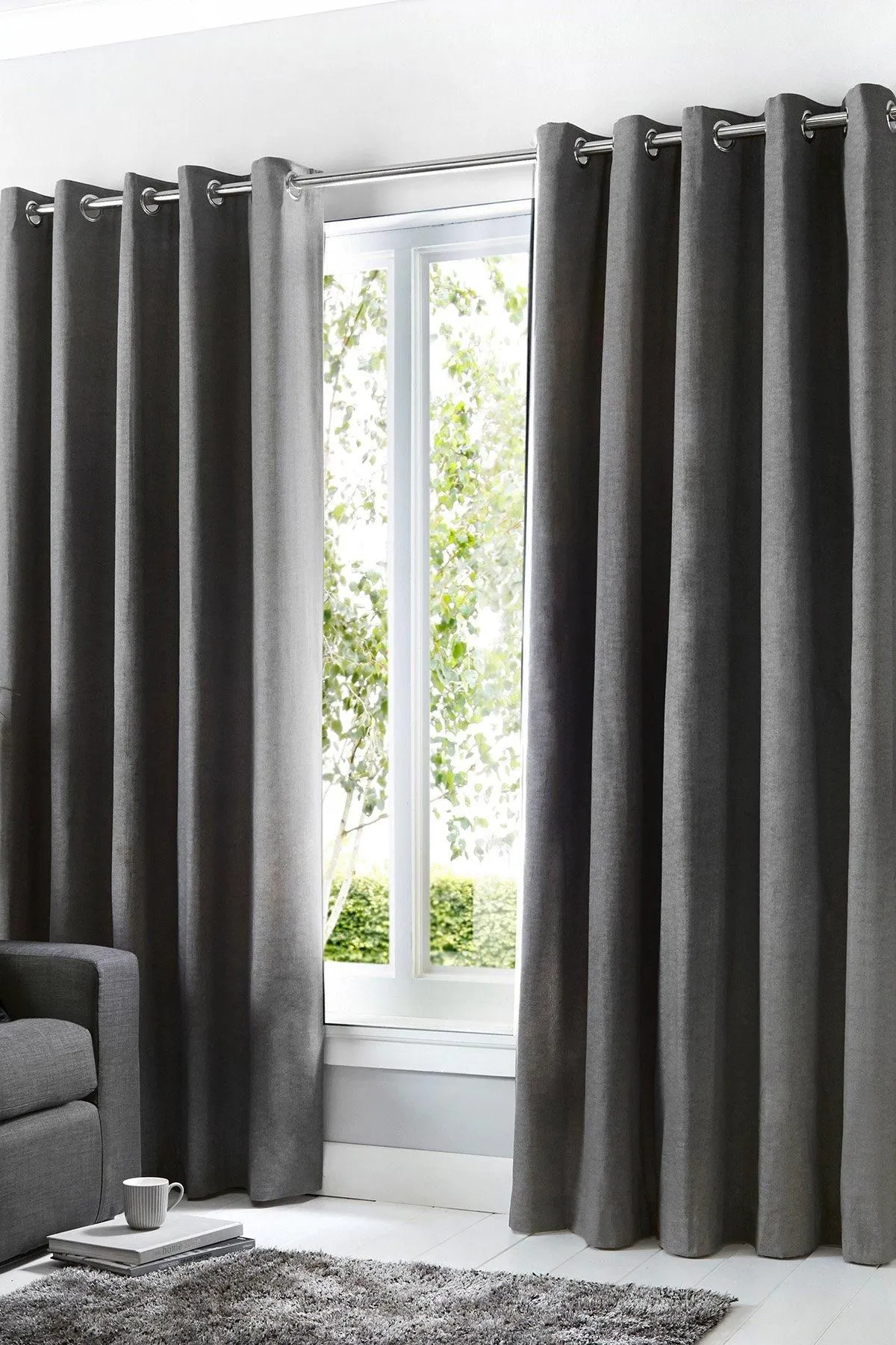 Fusion 'Sorbonne' 100% Cotton Light Filtering Plain Dyed Eyelet Curtains in Charcoal