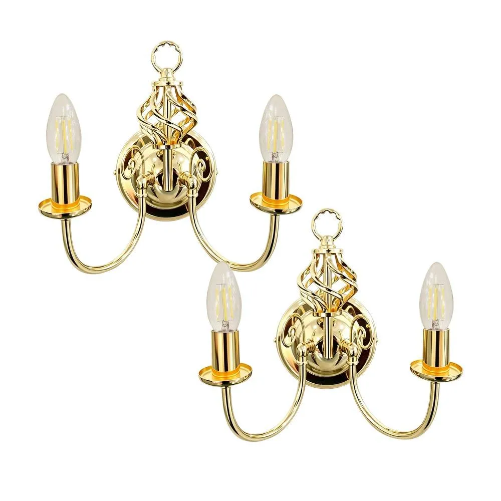 First Choice Lighting Set of 2 Barley Twist - Polished Brass Wall Lights in Gold