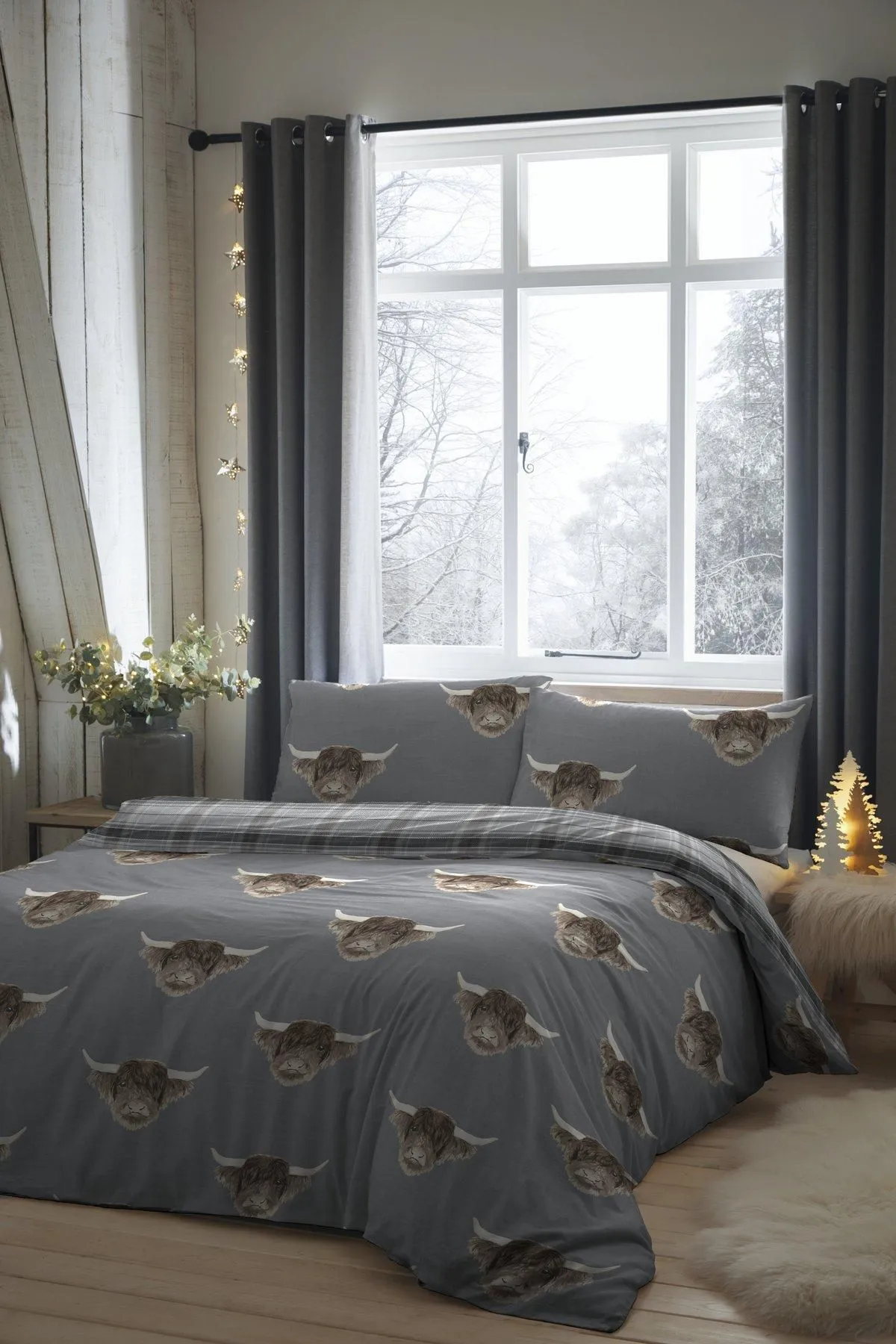 Fusion 'Highland Cow' Print With Tartan Reverse Duvet Cover Set in Grey 1