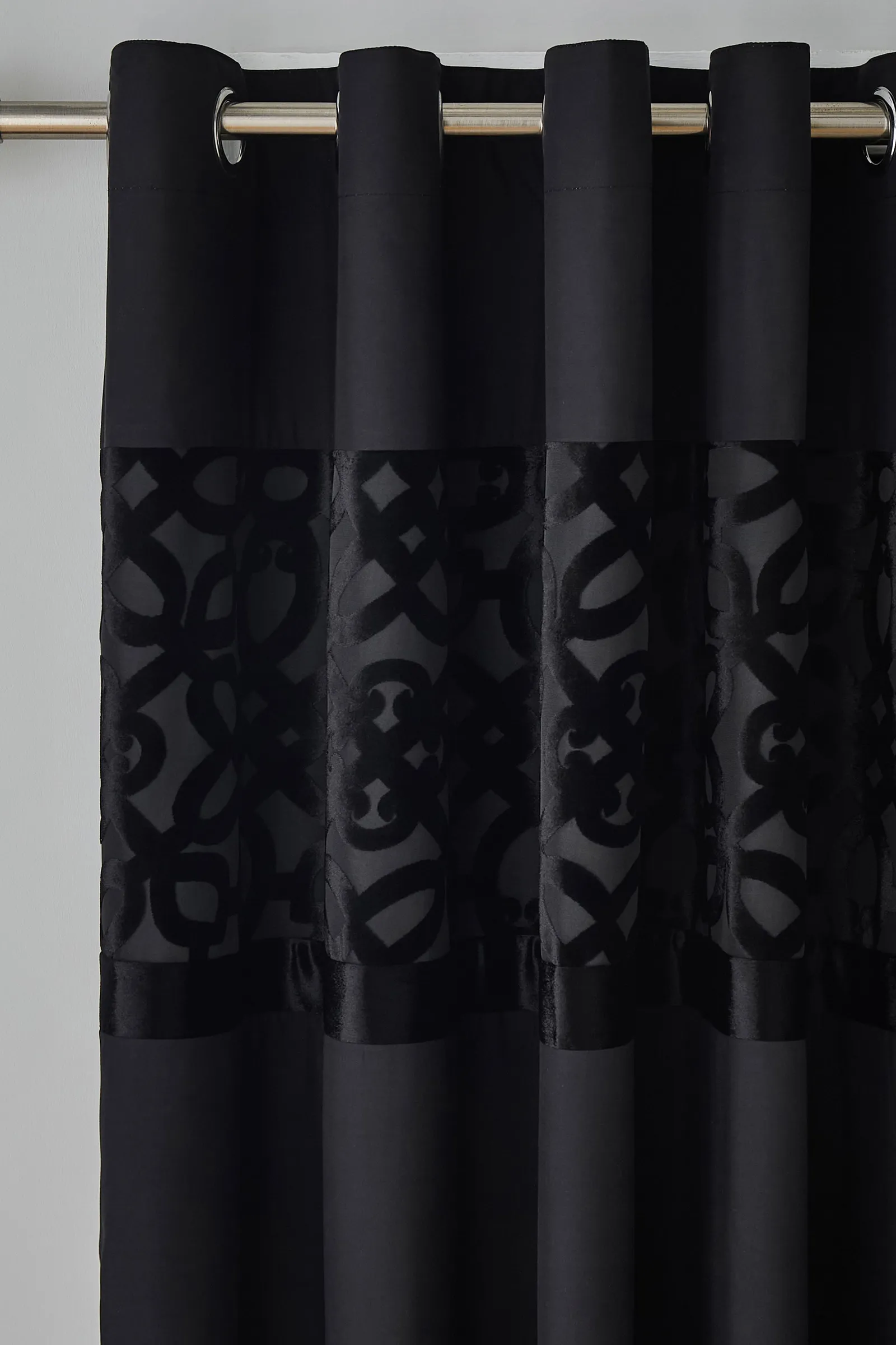 Catherine Lansfield 'Lattice Cut Velvet' Lined Eyelet Curtains in Black 2