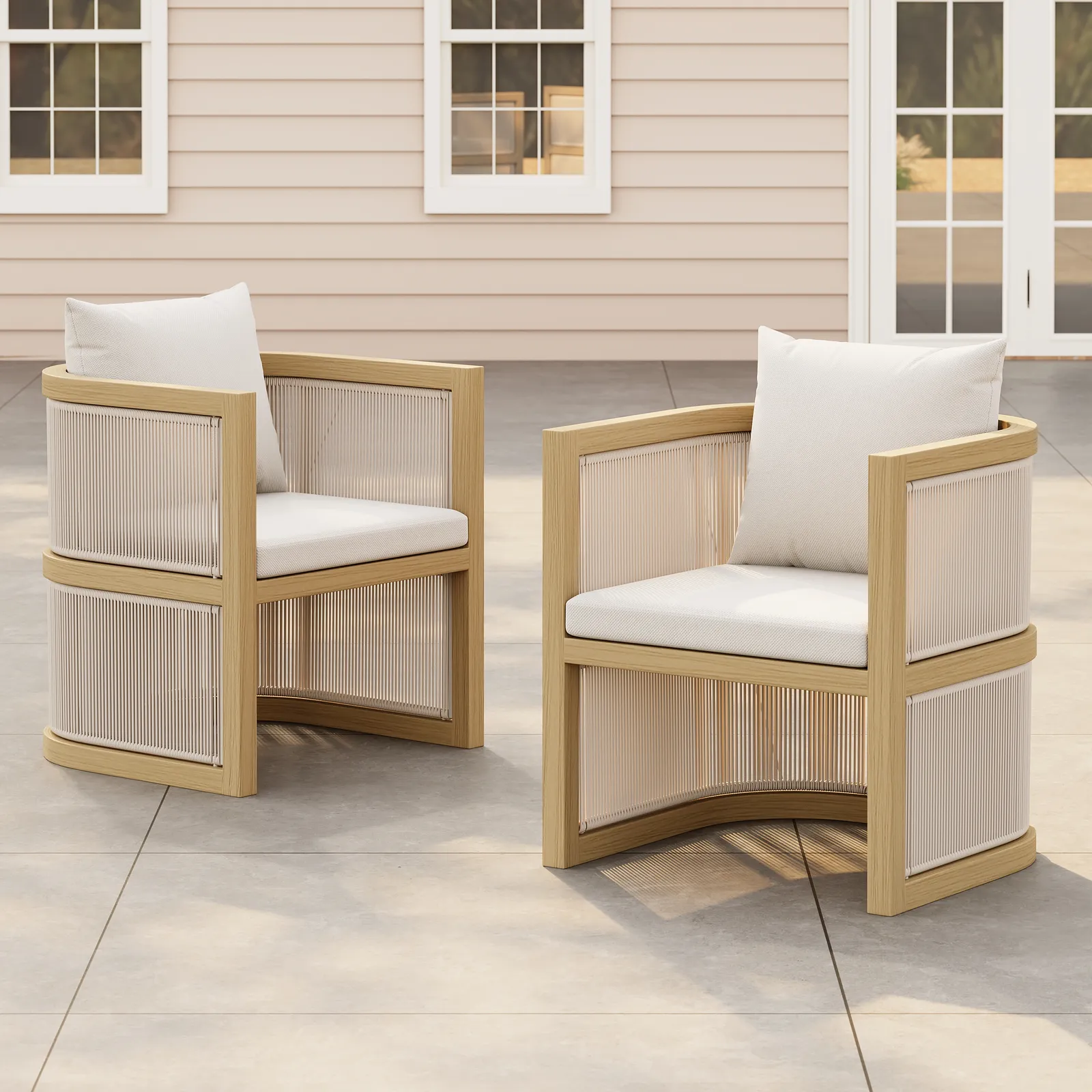 Wevara 2 Pieces Modern Aluminium & Ropes Outdoor Patio Dining Chair Set in Walnut & Oatmeal