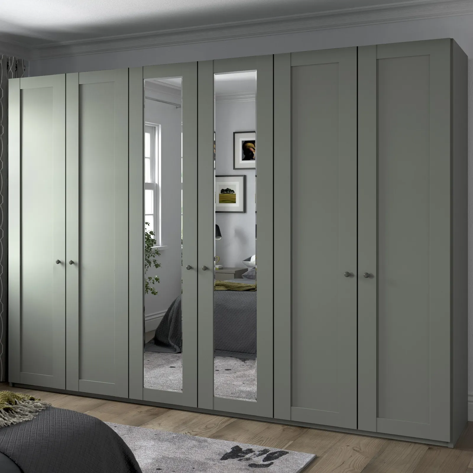 Varese 6 Dr Hinged Wardrobe W300Cm 2 Centre Mirror Dr, Green | Barker & Stonehouse 2