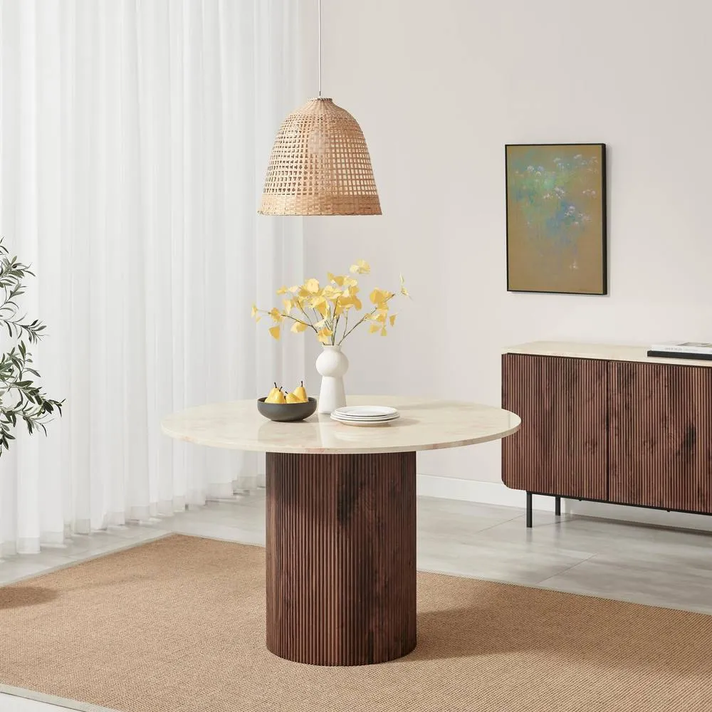FurnitureboxUK Penrose Round Walnut & Marble Effect Slatted 4-6 Seater Dining Table