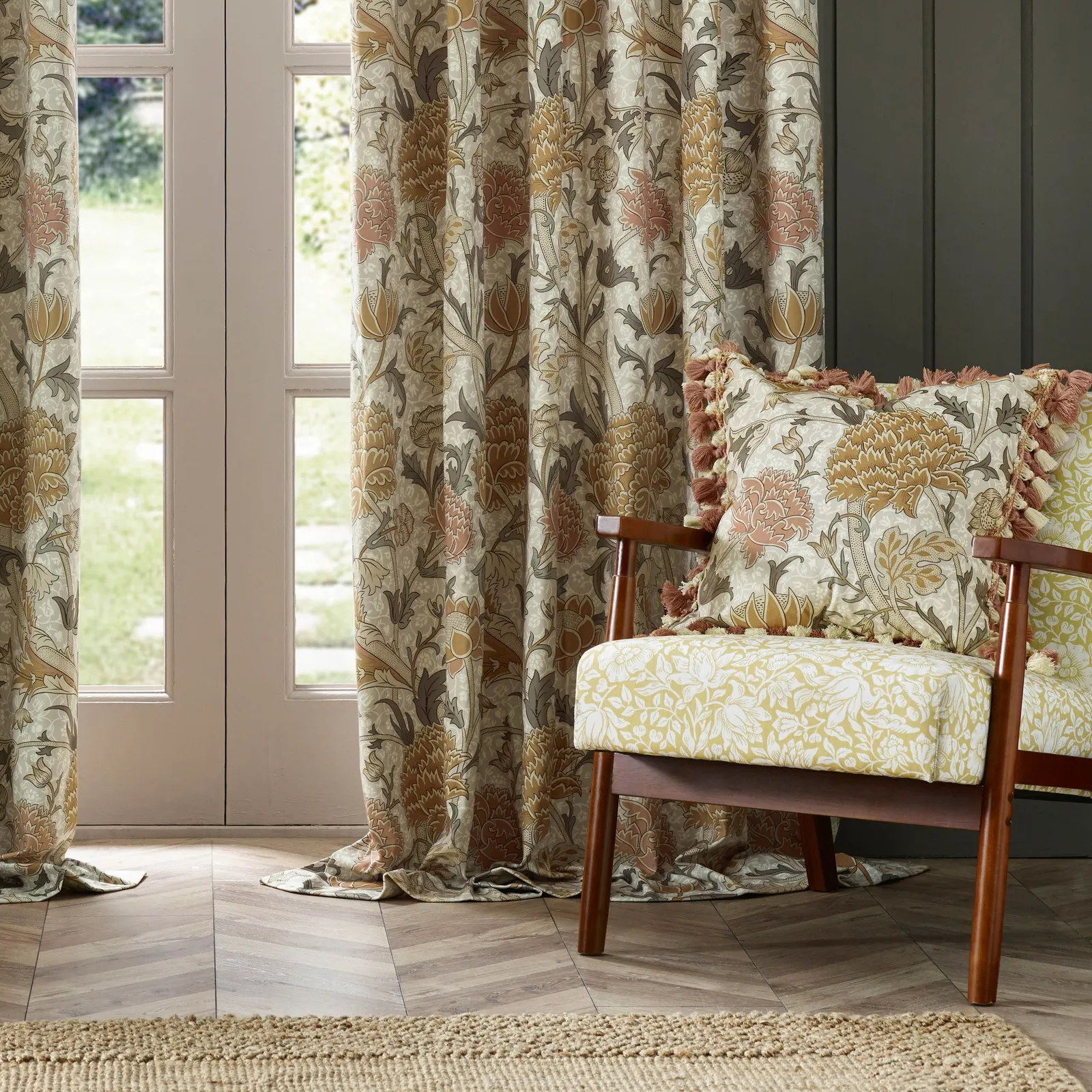 Morris & Co Cray Floral Velvet Room Darkening Pencil Pleat Curtains in Stone 4