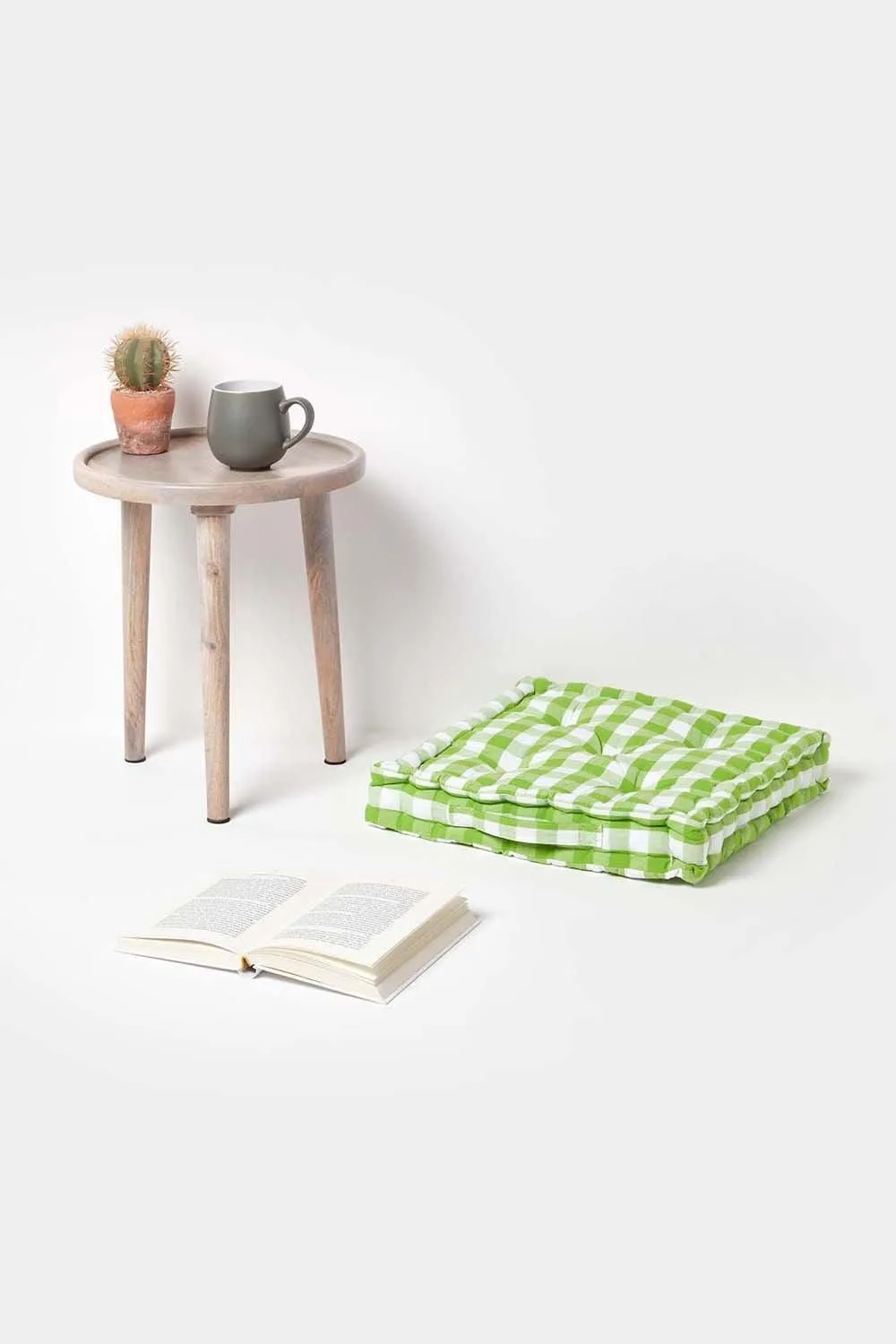 Homescapes Block Check Cotton Gingham Floor Cushion in Green 2