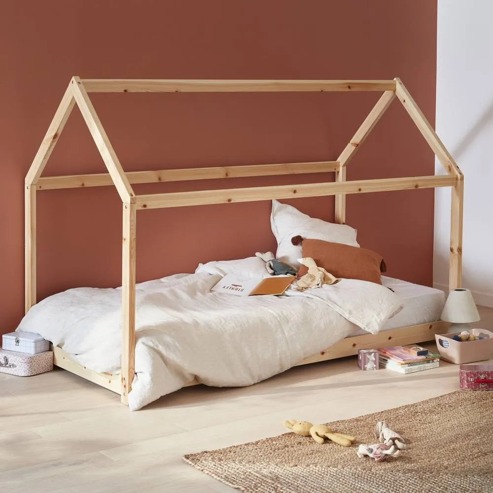 sweeek Children's hut bed in natural pine, bed base included in Beige