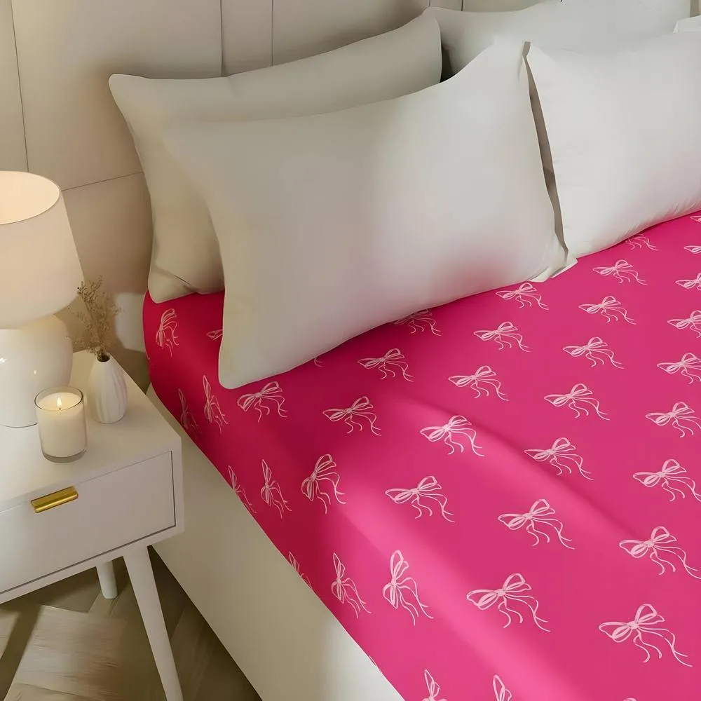 OHS Bows Print Microfibre Easy Care 25cm Deep Fitted Bed Sheet in Bright Pink | Size: Double Fitted