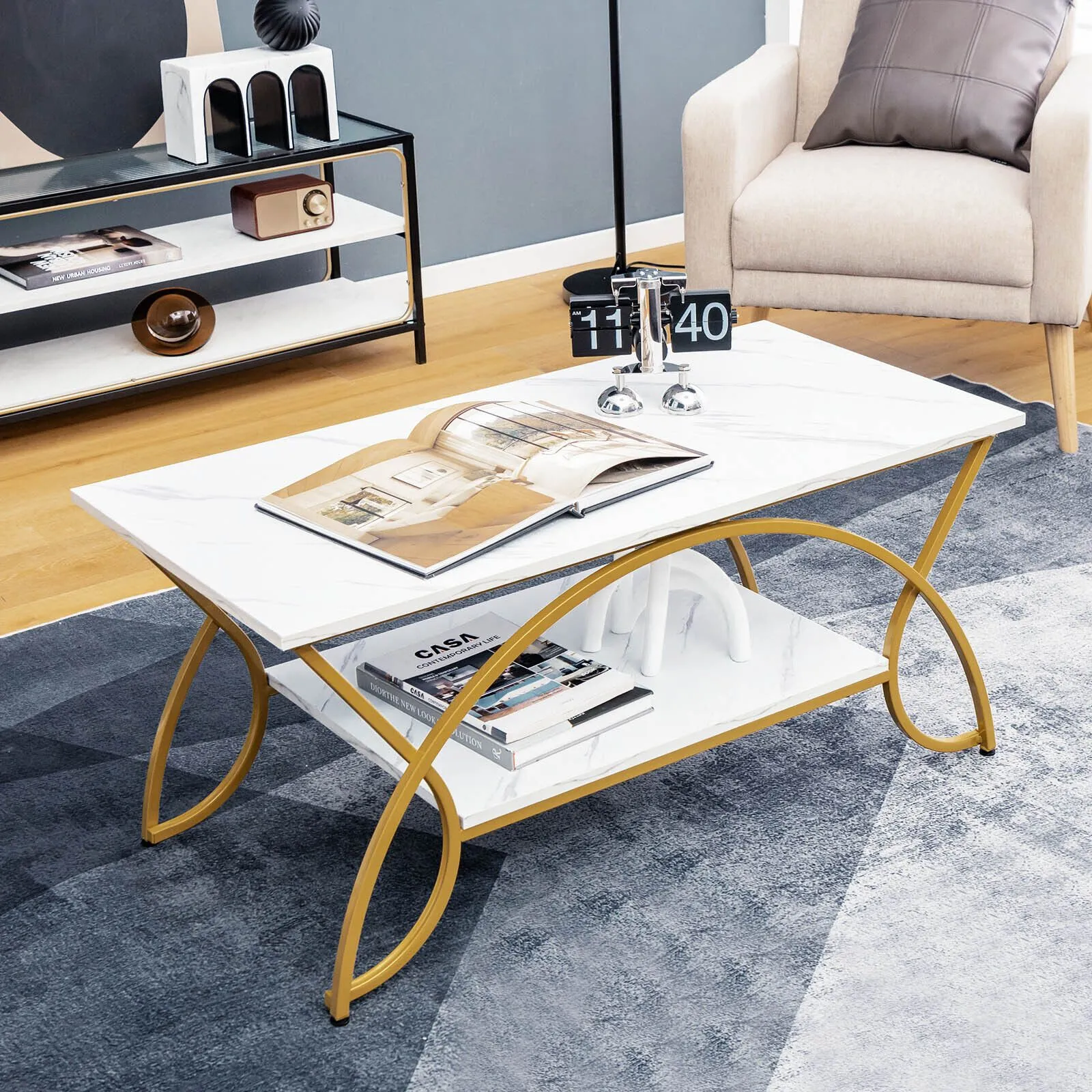 Costway Modern Faux Marble Coffee Table 2-Tier Rectangular Accent Table Chic Cocktail in White 4