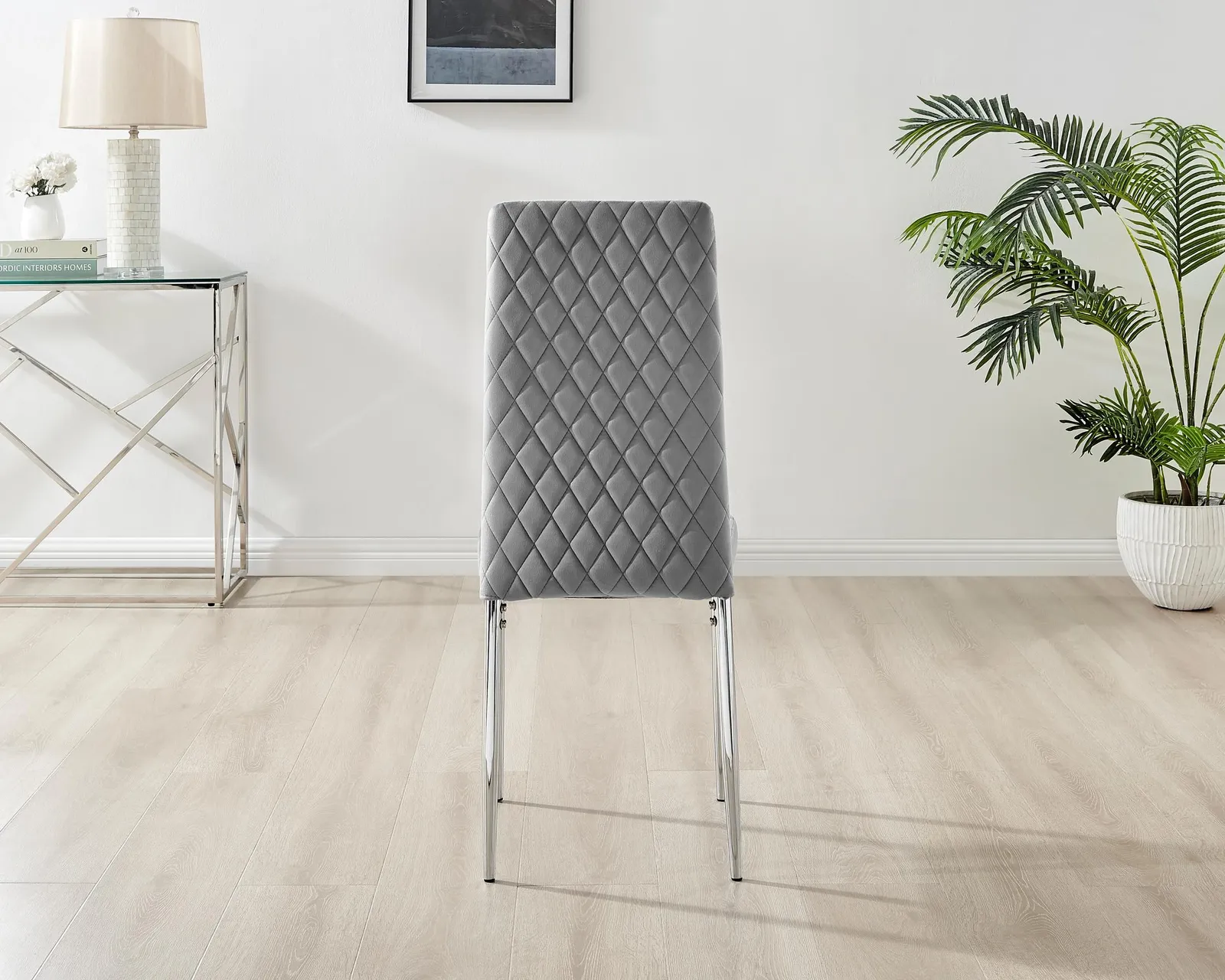 FurnitureboxUK Set of 4 Milan High Back Soft Touch Diamond Pattern Velvet Dining Chairs With Silver Chrome Metal Legs in Grey 6