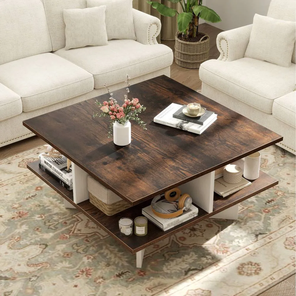 Costway 2-Tier Square Coffee Table 60cm Living Room Center Table-Brown in Brown 6