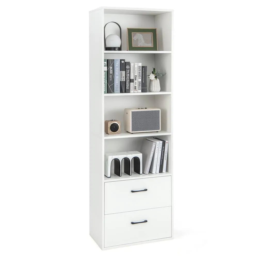 Costway 6-Tier Tall Bookshelf Wood Bookcase Organizer Display Storage Shelf W/ 2 Drawers in White