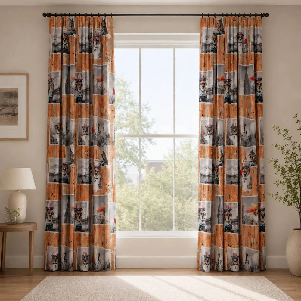 Smart Living Selfie Animal Curtains Pair with Tie Backs - Dog Urban Print