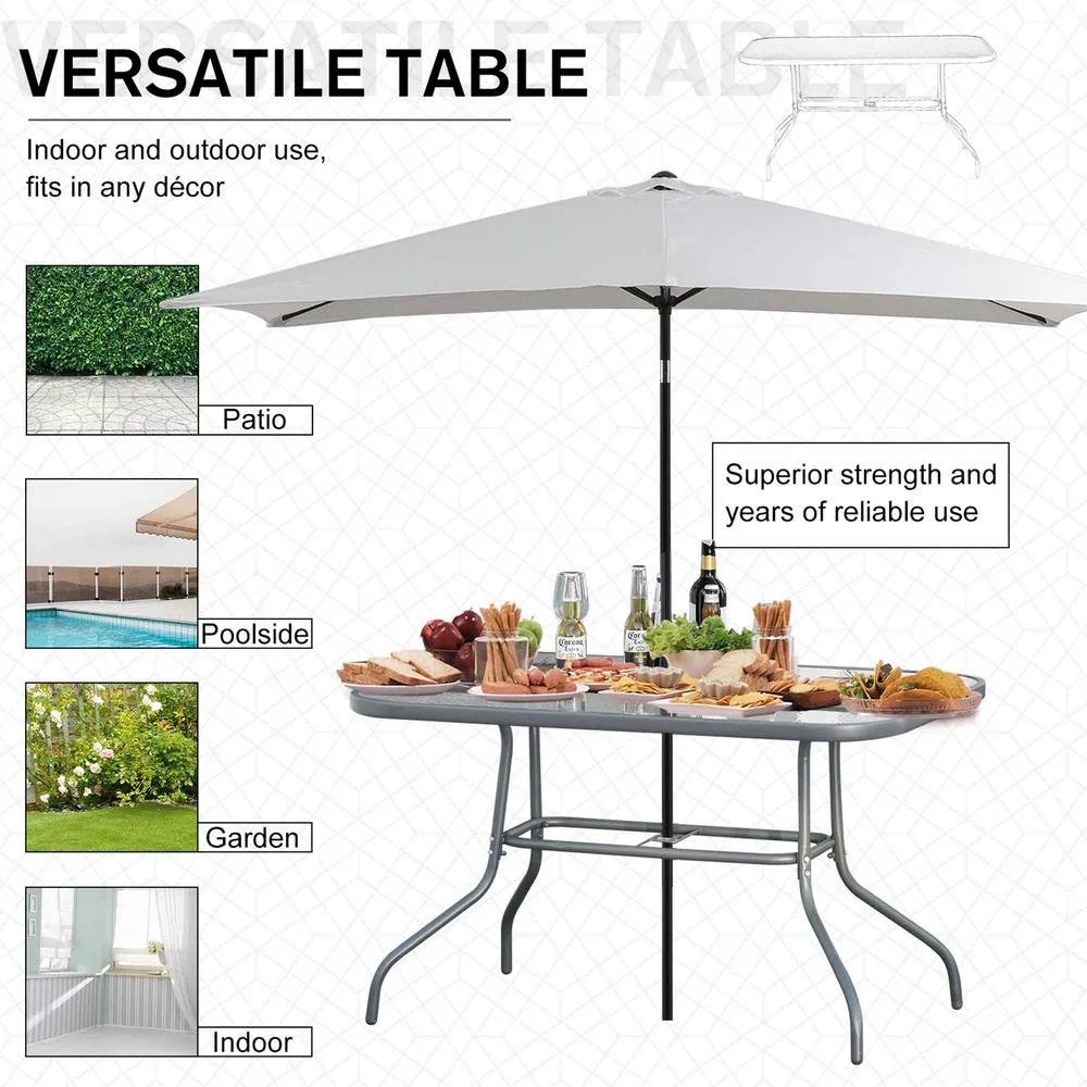 OUTSUNNY Garden Dining Table Glass Top Metal Frame with Parasol Hole in Grey 4