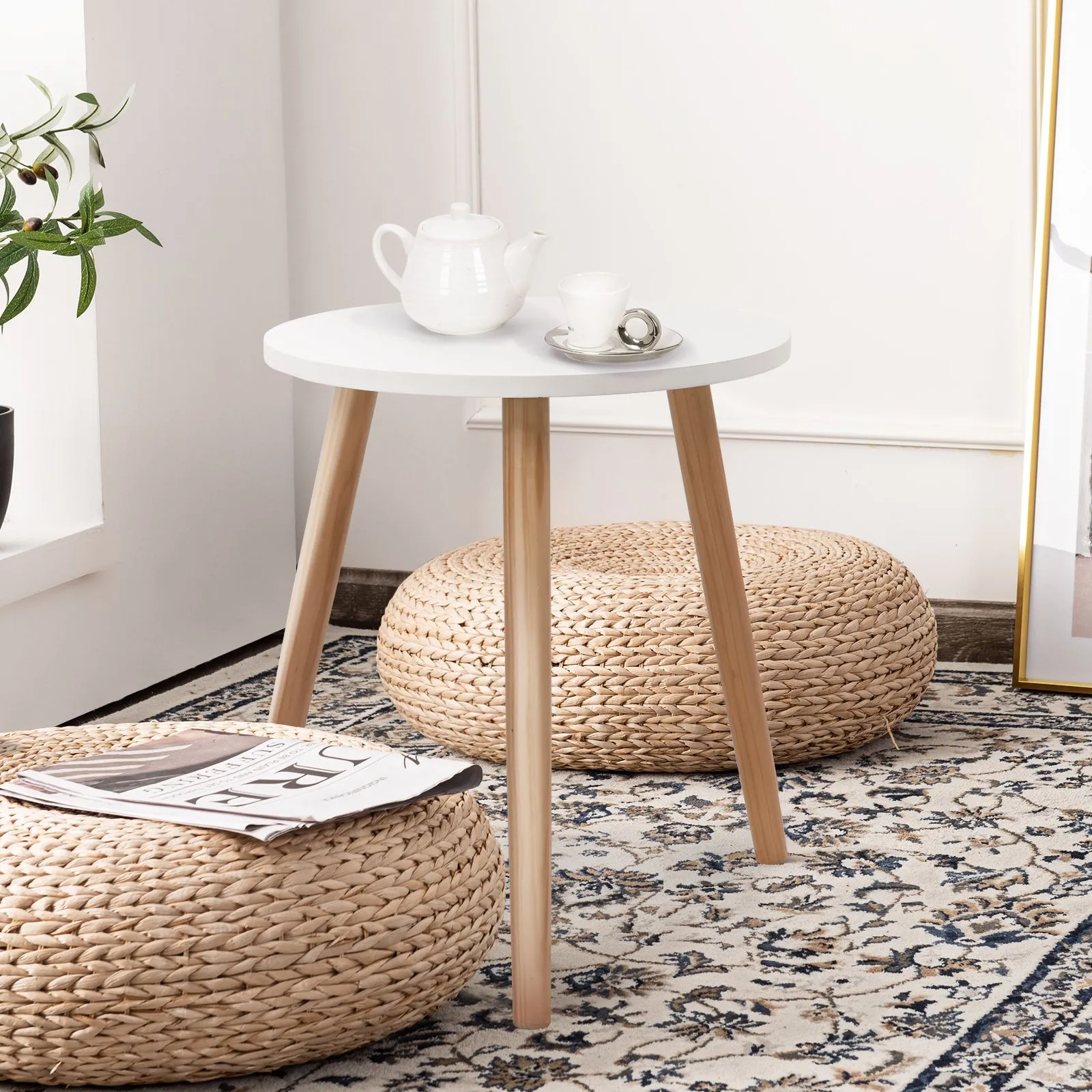 Costway Round Compact Coffee End Table Small Side Desk w/ Natural Wood Legs Modern Style in White 5