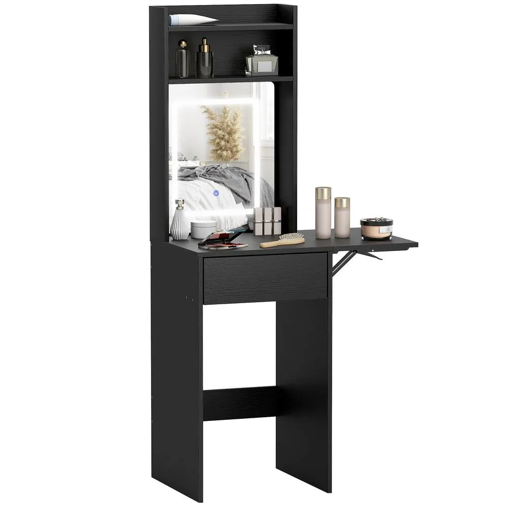 HOMCOM Compact Dressing Table with Lighted Mirror Open Shelves Drawer in Black 2